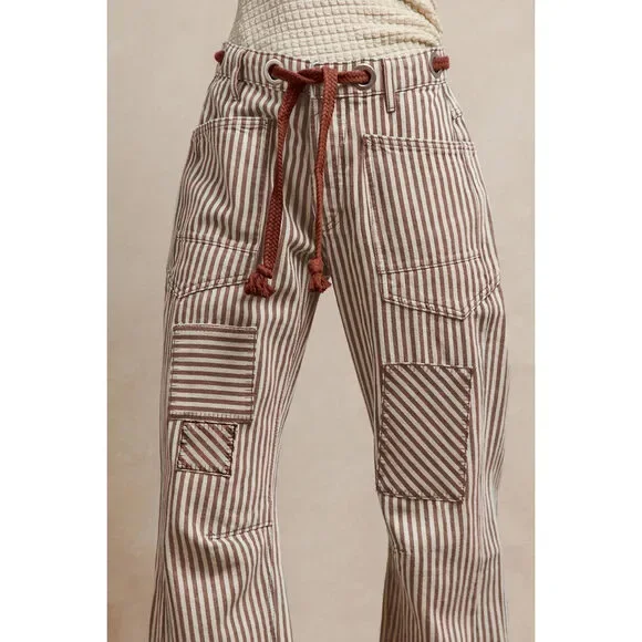BiBi Drawstring Striped Twill Barrel Pants - Picture 1 of 3